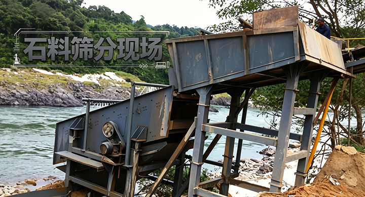 矿用圆形振动筛在石料生产线进行筛分作业现场图
